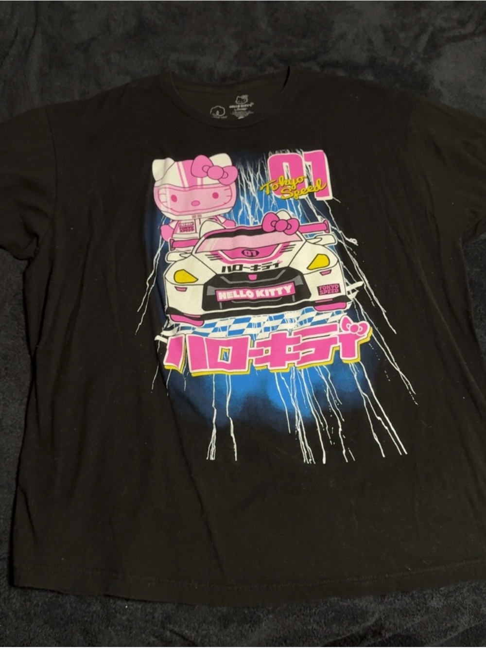 Hello Kitty Black Tee with Pink and Blue Racing Graphic